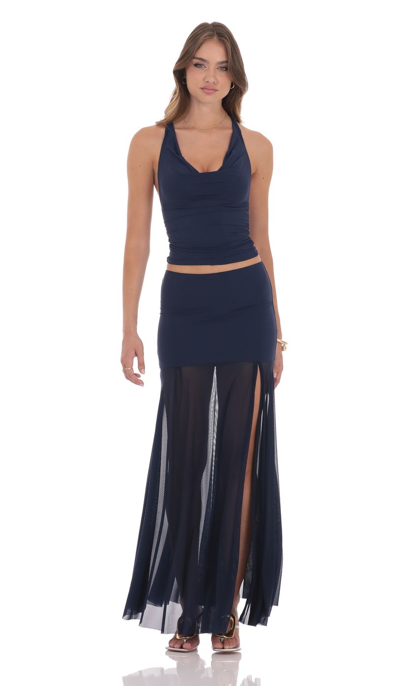 Mesh Fishtail Maxi Skirt in Navy