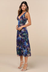 Delight in Elegance Navy Blue Multi Floral Halter Midi Dress